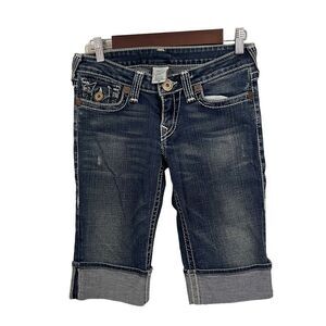 True Religion Bermuda Shorts Women Size 28 Jean Flap Pocket Thick Stitch EUC